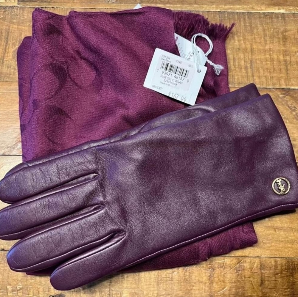 Coach Leather Gloves and Scarf Set